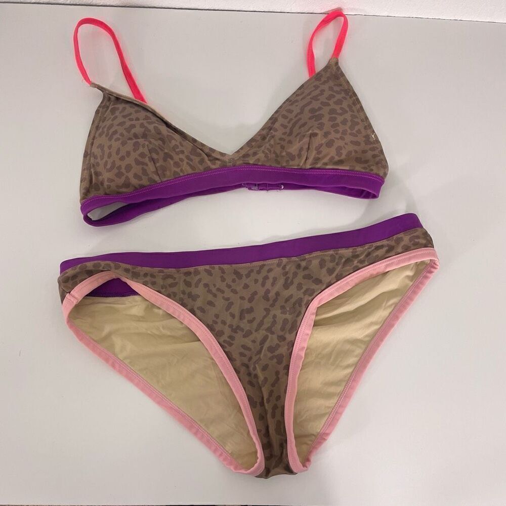 Sundry Brown Leopard Print with Pink and Purple‎ Outlining Bikini Swimsuit Small